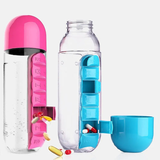 2 in 1  Water Bottle with Pill Storage 7 Day Medicine Organizer Water Cup Sports Water Bottle Combine Daily Pill Boxes Organizer Drinking Bottles